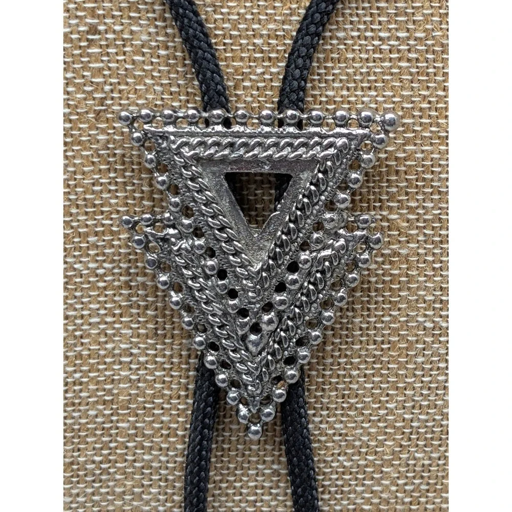 Vintage Silver Tone Arrowhead Bolo Tie Black Braided Cord Geometric Slide
